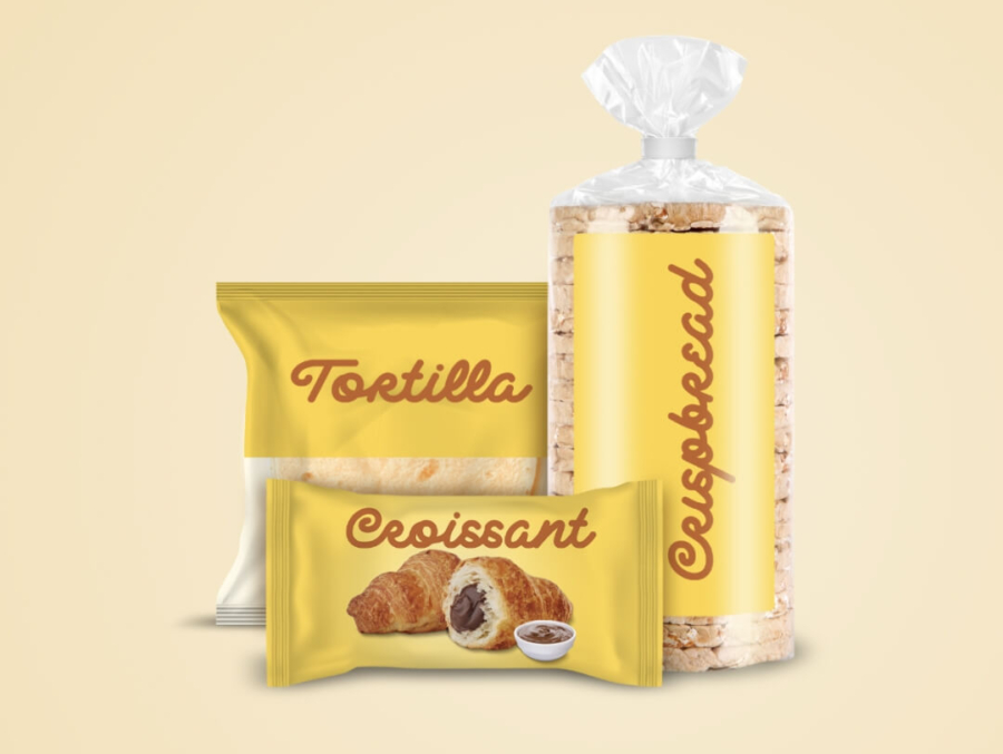 A selection of croissants, tortillas, and rice cakes, neatly packaged in flexible films to maintain freshness and quality.