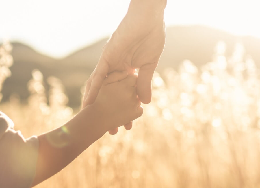 Person with infant in a field of weeds holding hands and the sun dazzles the scene.